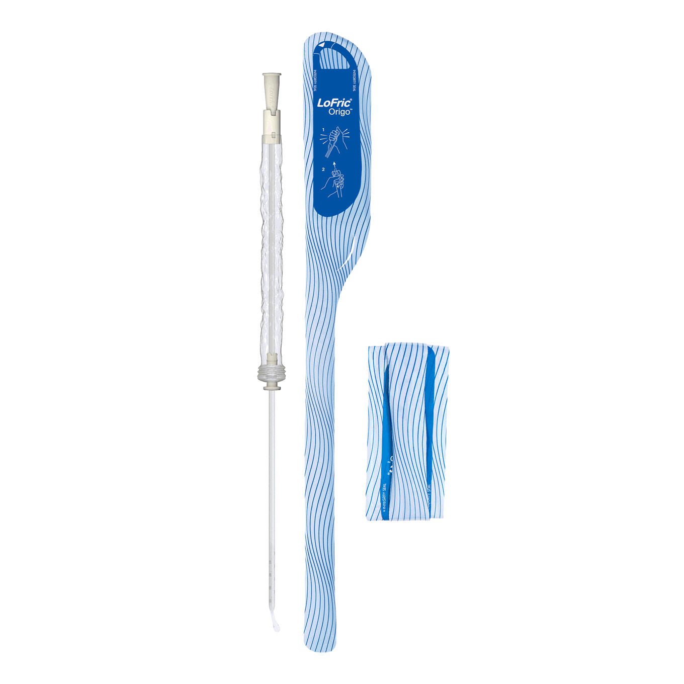 Product image showing LoFric Origo Pro coudé with single package folded and unfolded