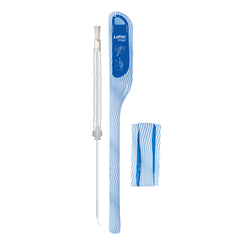Product image showing LoFric Origo Pro coudé with single package folded and unfolded