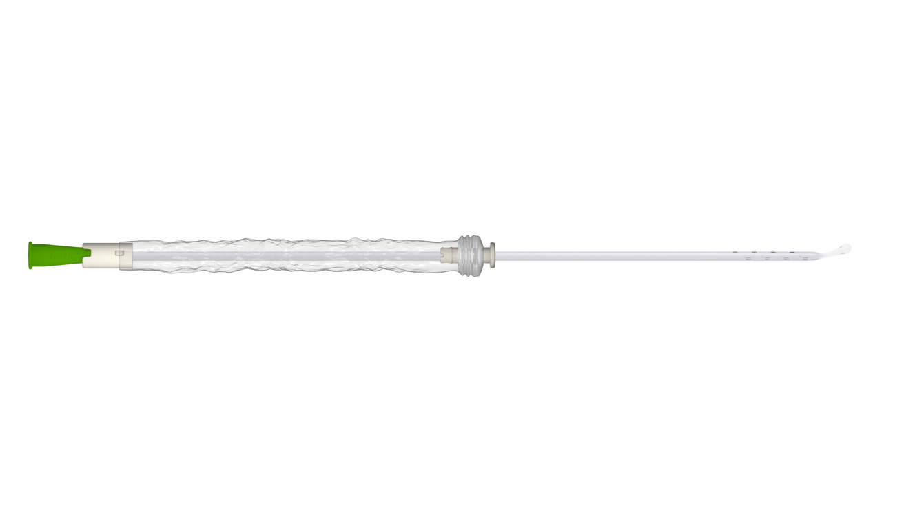 Product image showing LoFric Origo Pro with a flexible coudé tip and the protective sleeve half open.