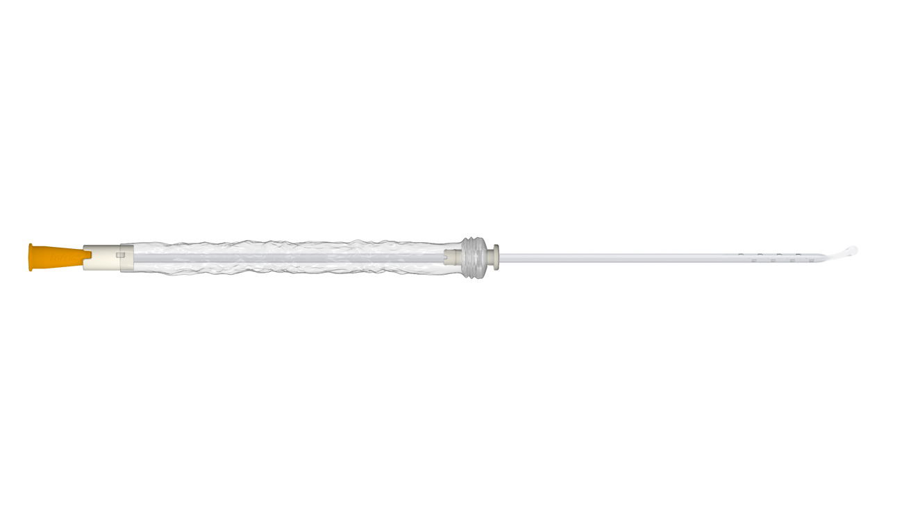 Product image showing LoFric Origo Pro with a flexible coudé tip and the protective sleeve half open.