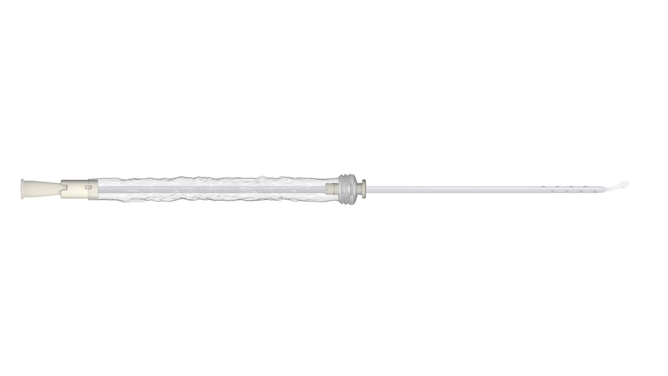 Product image showing LoFric Origo Pro with a flexible coudé tip and the protective sleeve half open.